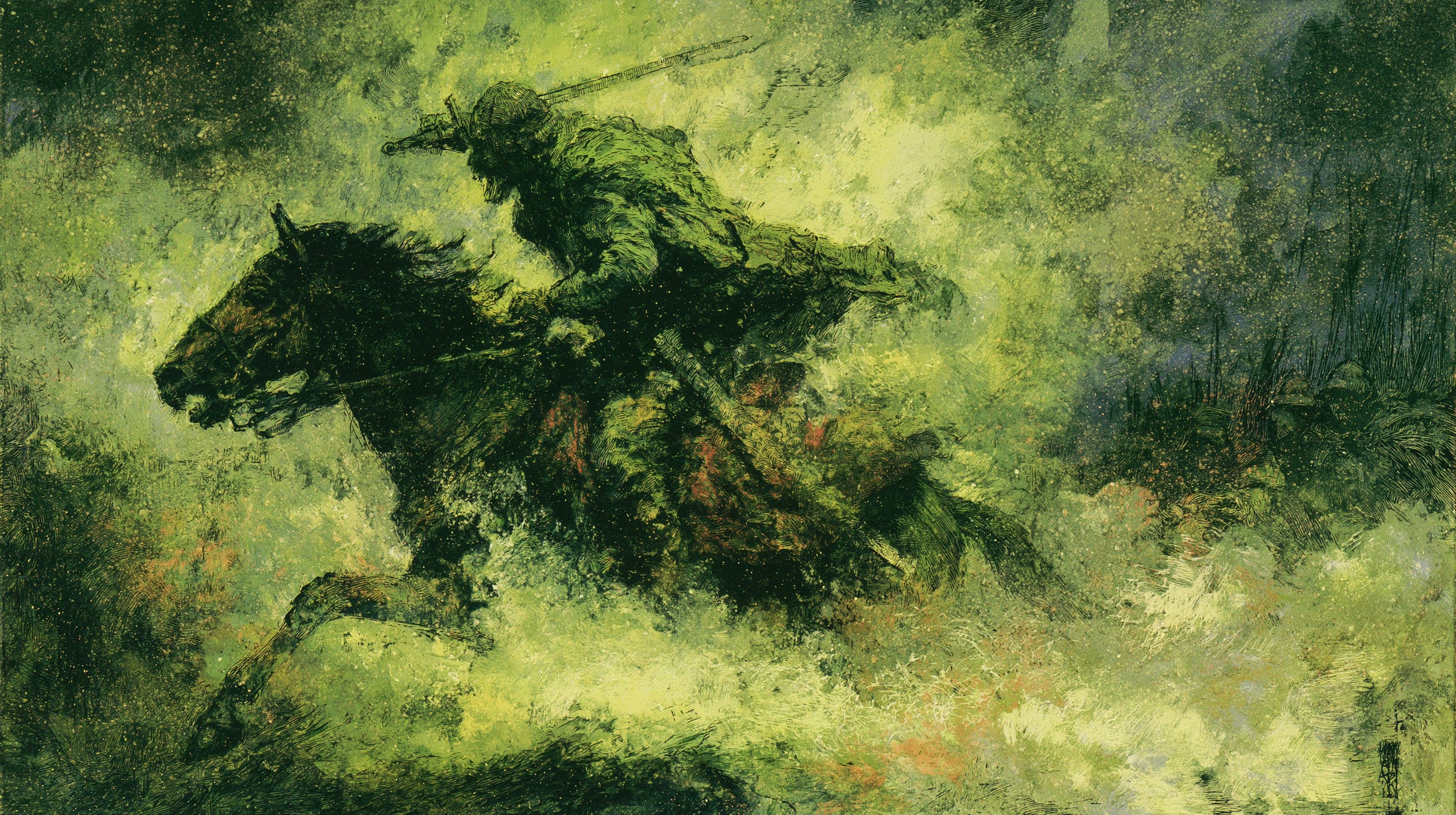 A rider at full gallop through a battlefield.